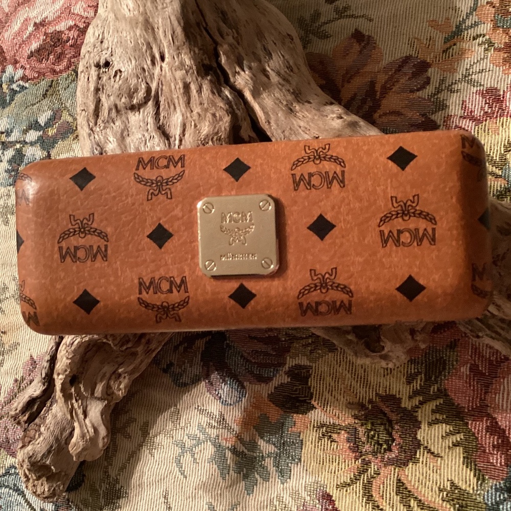 MCM Visetos Cognac Logo Eyeglass Case Gold Plate Authentic